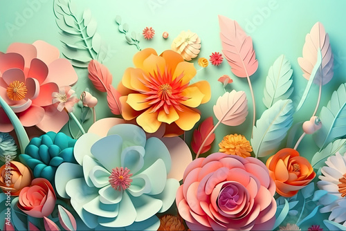 Vibrant spring floral ai illustration. Vivid pastel colours. whimsical and joyful banner, post planner, mock up, with copy space, generative AI