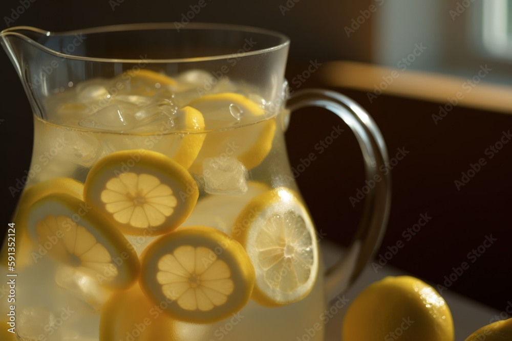 Close-up of Refreshing Lemonade Pitcher, Ice & Lemon Slices, Vibrant Colors, Summer Beverage Detail - Generative AI Close-up of Refreshing Lemonade Pitcher, Ice & Lemon Slices, Vibrant Colors, Summer Beverage Detail - Generative AI