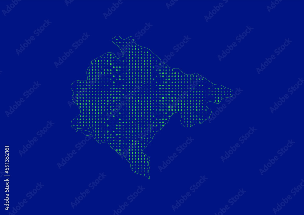 Vector Montenegro map for technology or innovation or it concepts. Minimalist country border filled with 1s and 0s. File is suitable for digital editing and prints of all sizes.