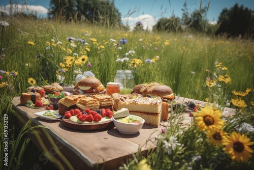 Perfectly Set Picnic Table, Delicious Summer Treats, Sunlit Meadow, Outdoor Dining Experience, Al Fresco Meal - Generative AI