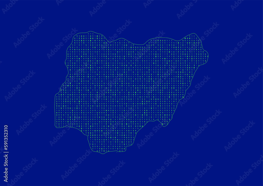Vector Nigeria map for technology or innovation or it concepts. Minimalist country border filled with 1s and 0s. File is suitable for digital editing and prints of all sizes.