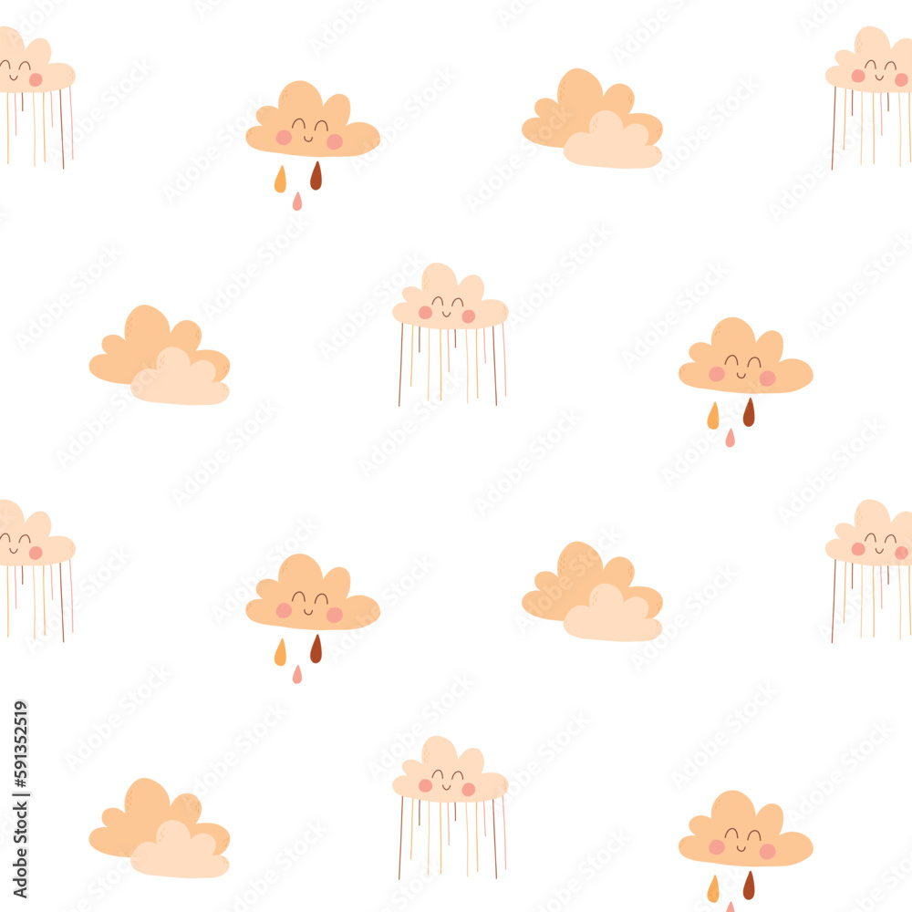 Baby seamless pattern with clouds in boho style. Vector illustration. Flat style. Children bohemian print with clouds and drops. Baby seamless pattern with clouds in boho style. Vector illustration. Flat style. Children bohemian print with clouds and drops.