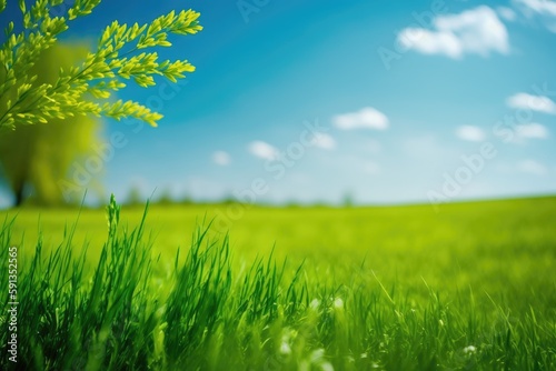 serene green field with a tall tree in the distance. Generative AI