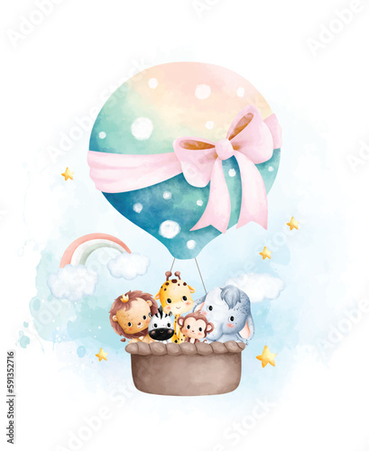 Watercolor illustration Cute baby animals in hot air balloon