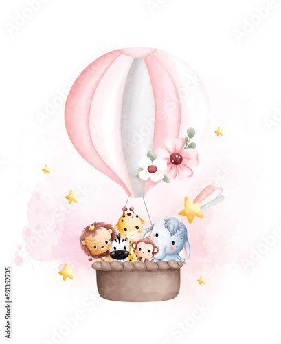 Canvas Print Watercolor illustration Cute baby animals in hot air balloon