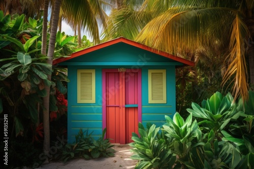 Quaint Beach Hut in Vivid Colors  Surrounded by Lush Tropical Foliage  Relaxing Coastal Getaway Scene  Generative AI