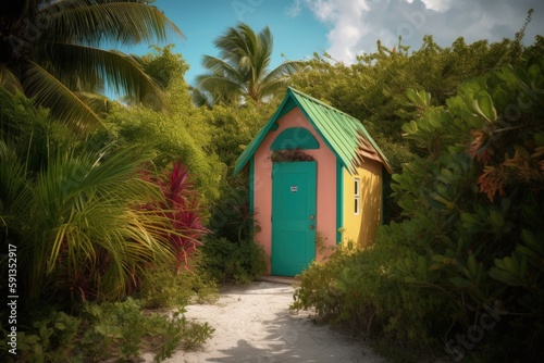 Quaint Beach Hut in Vivid Colors, Surrounded by Lush Tropical Foliage, Relaxing Coastal Getaway Scene, Generative AI photo