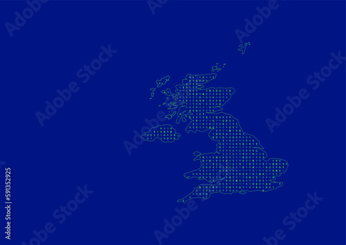 Vector United Kingdom map for technology or innovation or it concepts. Minimalist country border filled with 1s and 0s. File is suitable for digital editing and prints of all sizes.