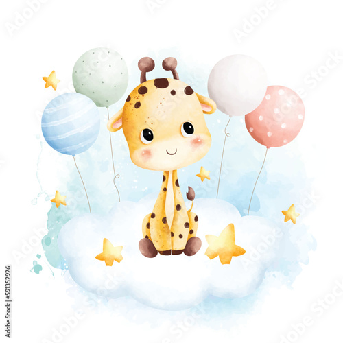 Watercolor illustration Cute baby giraffe and balloons sitting on the cloud