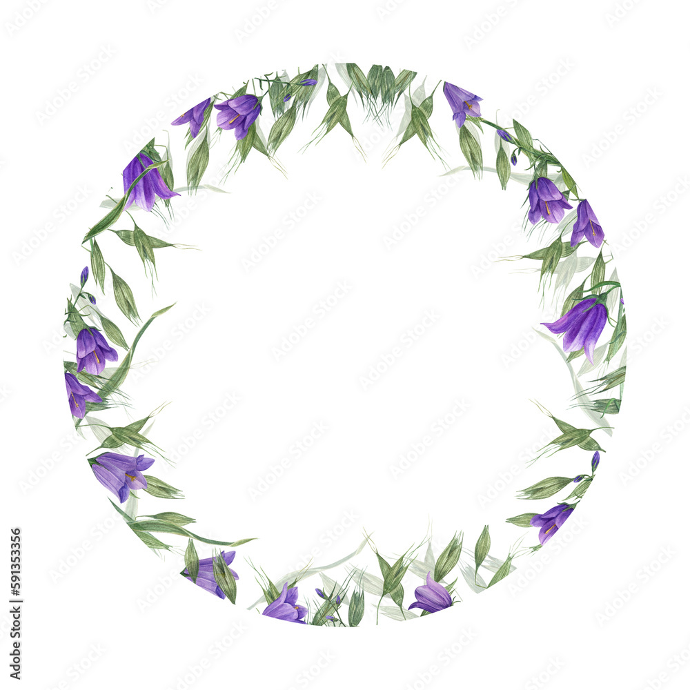 Watercolor wreath of harebells and oats isolated on white background. Perfect for postcard design, invitation template, Valentine day, birthday, wedding, mother day cards