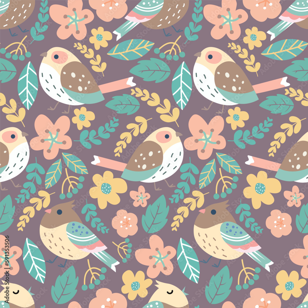 Bird seamless pattern with flower and nature leaves