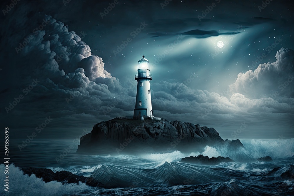 solitary lighthouse illuminating the dark ocean at night. Generative AI