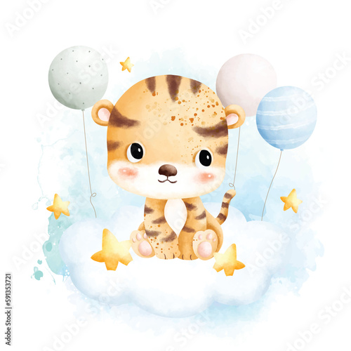 Watercolor illustration Cute baby tiger and balloons sitting on the cloud