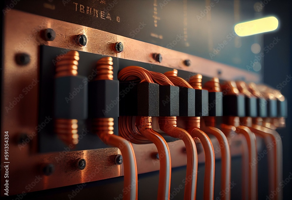 Electrical high voltage ground copper bar on wall. Grounding electric