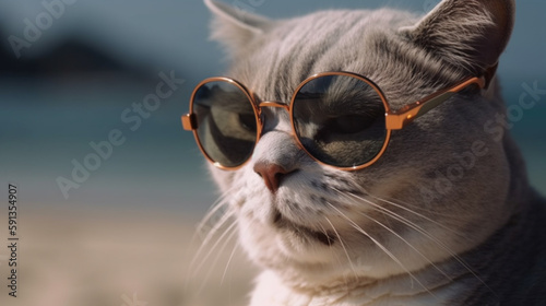 british cat are wear sunglasses and shirt in concept summer