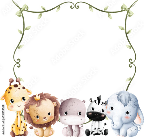 Photography Watercolor Illustration tropical leaves wreath frame with cute baby animals