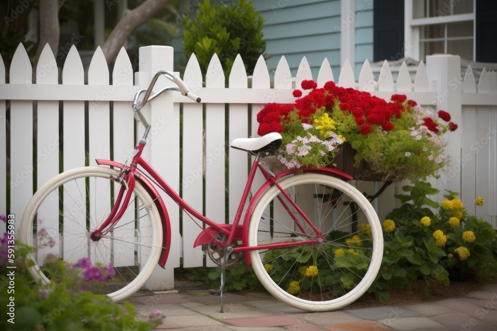 Classic Red Bicycle, White Picket Fence, Basket of Colorful Flowers, Nostalgic Scene, Charming Neighborhood - Generative AI