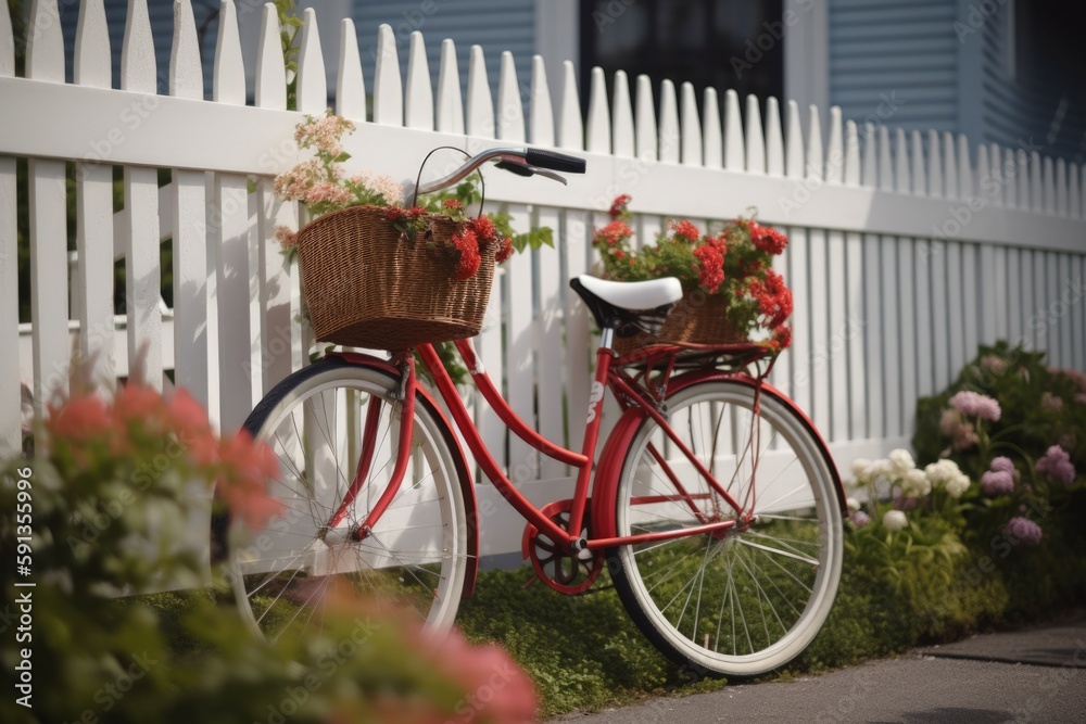 Classic Red Bicycle, White Picket Fence, Basket of Colorful Flowers, Nostalgic Scene, Charming Neighborhood - Generative AI