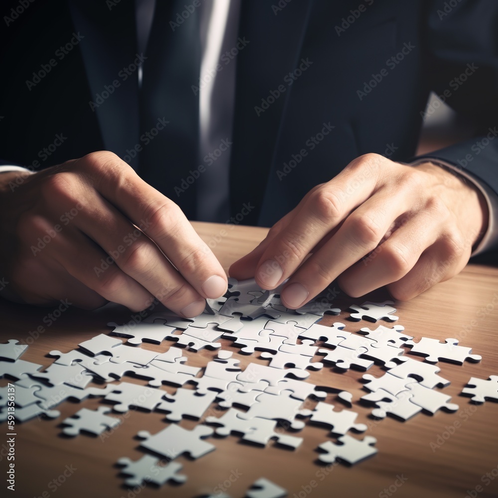 Creative Problem-Solving: The Businessman's Hand on the Puzzle, Generative AI Creative Problem-Solving: The Businessman's Hand on the Puzzle, Generative AI