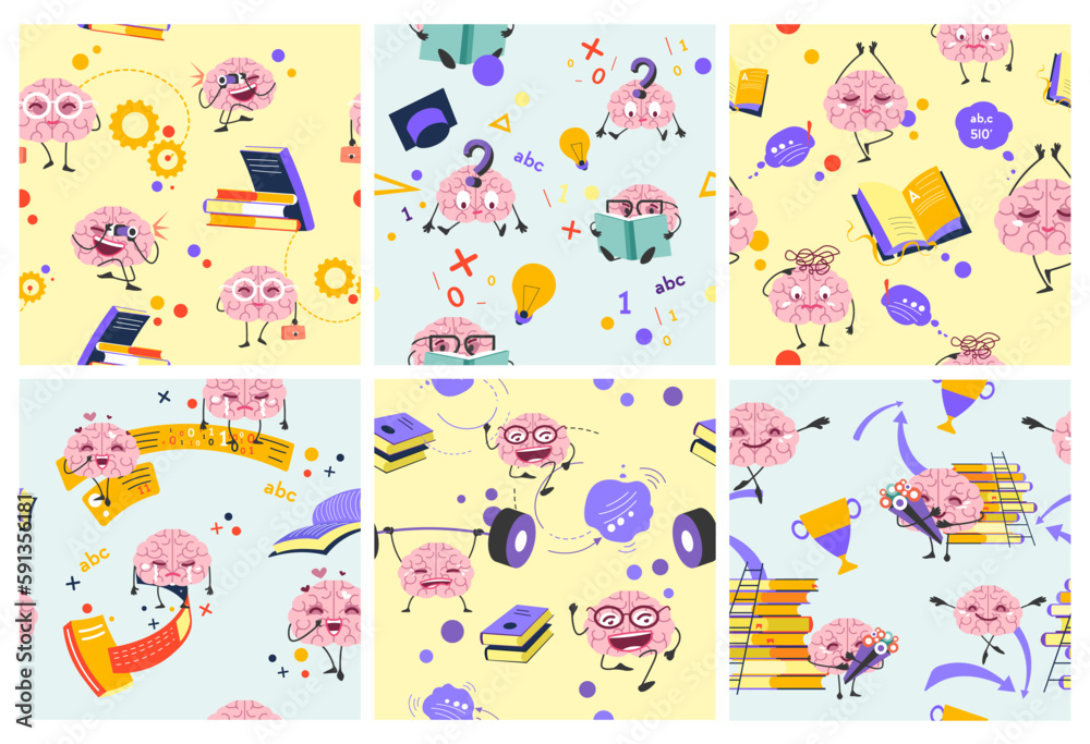 Decorative pattern design set with brain study Decorative pattern design set with brain study
