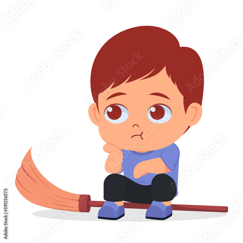 Cute boy face pouting while sweeping