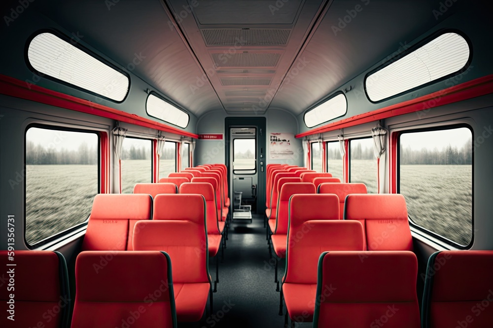 an empty train car with red seats and windows. Generative AI