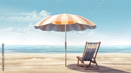 Beach chair and umbrella on beautiful beach. Sunny day on a ocean shore. Travel paradise concept. Generative AI © AngrySun