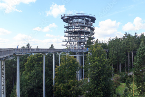 Forest treetop path (Waldwipfelweg) with forest tower at Sankt Englmar in Bavarian Forest, Germany