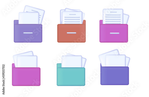 Folder set with files, documents. Archival paper pages, accounting reports, a list with important information. Modern concept of file storage, info doc organizer, incoming document flow. Vector.
