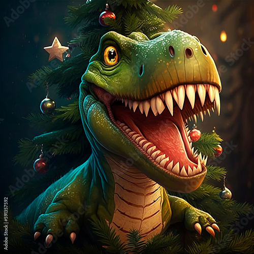 A cartoon green dinosaur is smiling all over his mouth on the background of a Christmas tree. © index74