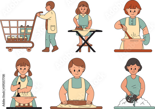 Set of people in apron kneading dough. Vector illustration.