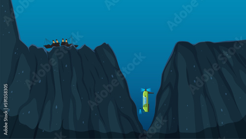 Submarine descending into mariana trench underwater photo