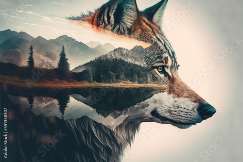 Majestic and powerful predator wildlife animal by lone grey wolf in solitude on double exposure background of wondrous natural landscape with forest and mountain by Generative AI