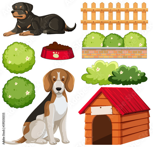 Set of garden plant element and dog