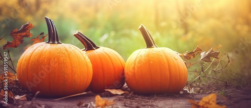Autumn Halloween pumpkins. Orange pumpkins over nature background Generative AI