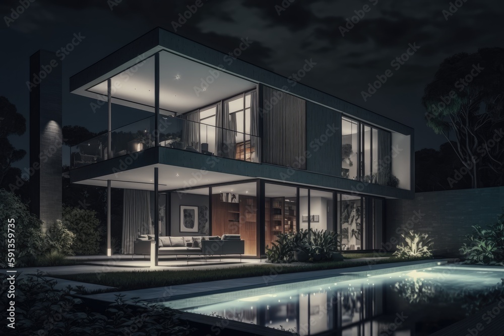 modern house with illuminated pool in front of it at night. Generative AI