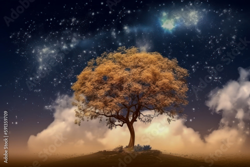cosmic night sky with tree