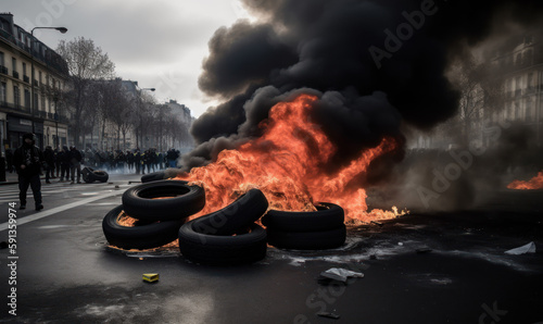 Illustration of Chaos that  Erupts on the Streets of France. Riots, Police Presence, and Burning Tires. Generative Ai