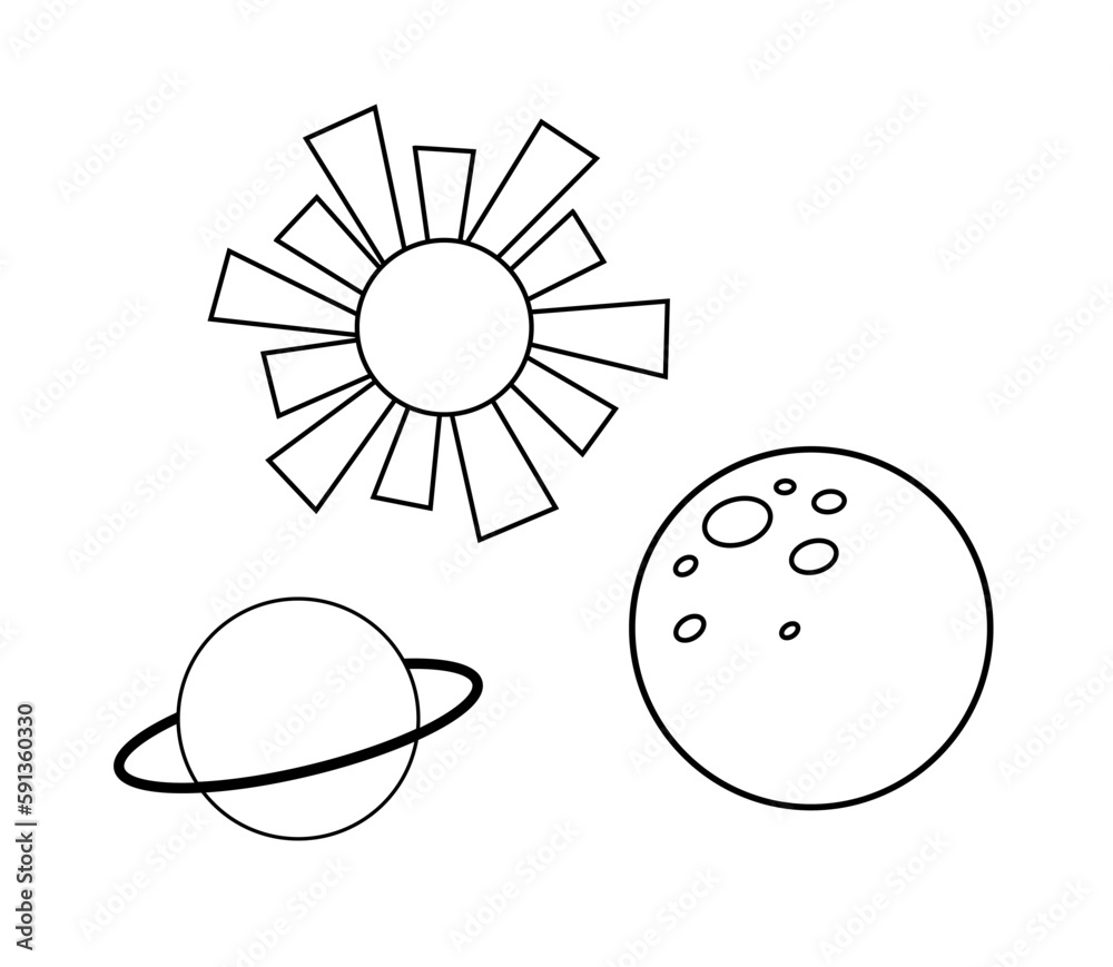 Moon, sun, planet saturn. Vector outline illustrations isolated on white background for coloring book Moon, sun, planet saturn. Vector outline illustrations isolated on white background for coloring book