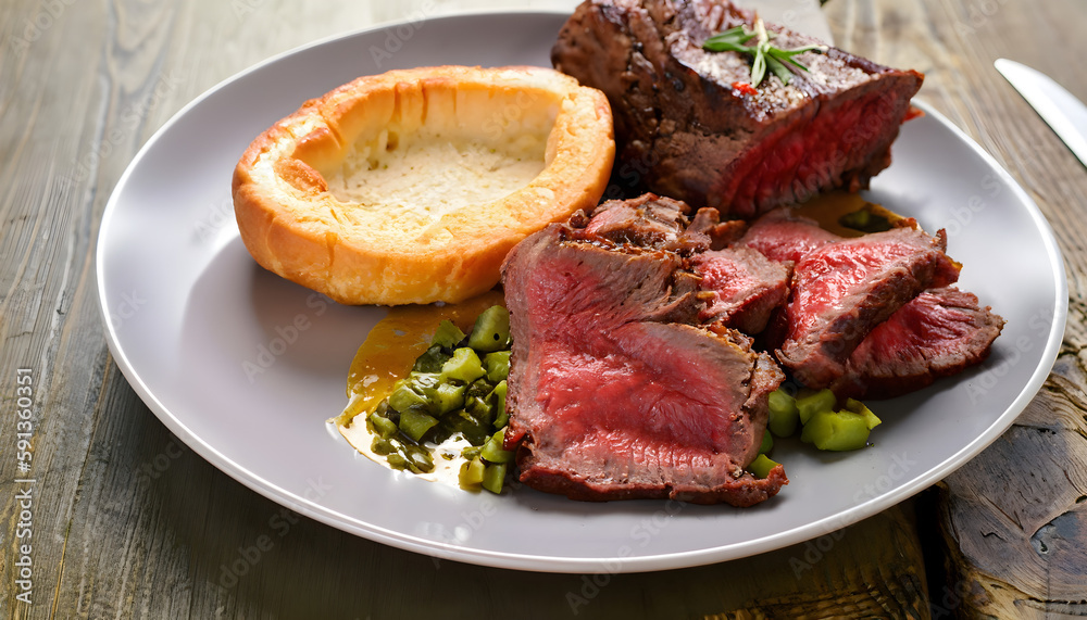 grilled beef steak,Roast Beef with Yorkshire Pudding is a traditional classic British Sunday dish, Ai generated 