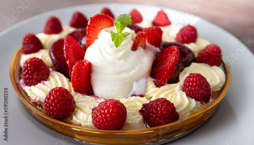 cream dessert,Delicious and delicate raspberry dessert with vanilla cream, strawberry and whipped cream. Selective focus, Ai generated 