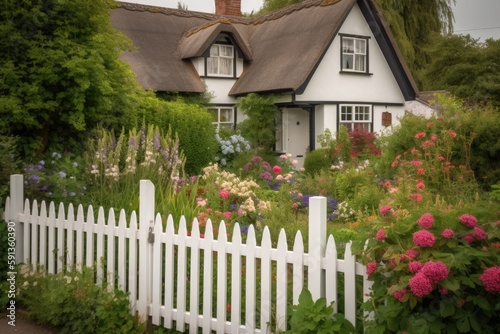 Picturesque Countryside Cottage, Blooming Flowers, White Picket Fence, Idyllic Rural Living, Charming Scene - Generative AI