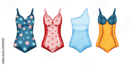 Swimwear set. A set of four swimsuits in different colors. Women s beachwear. A bathing accessory. Vector illustration