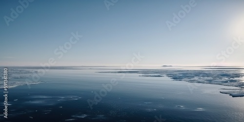 Winter sea landscape with floating ice fragments on still cold water. Generative AI © AngrySun