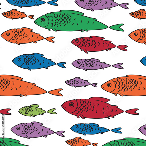 Seamless pattern multicolored fish. Vector illustration. For print.