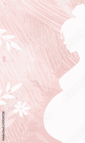 Pregnancy and motherhood card with copy space for text, Modern pink background for stories, white silhouette of a pregnant woman with flowers. Modern vector illustration.