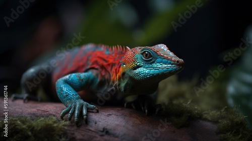 Colorful forest lizard on a tree bark in forest. Generative AI