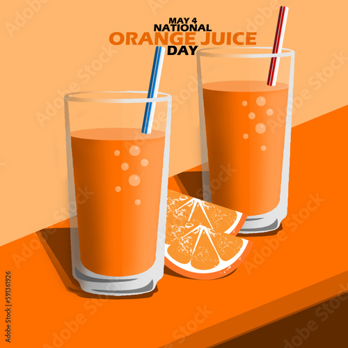 Two glasses of orange juice drink with a few slices of orange on an orange table with bold text to celebrate National Orange Juice Day on May 4