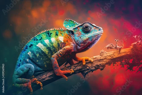 Obraz Colorful chameleon on a branch, a creative concept of adaptation and transformation. Generative AI