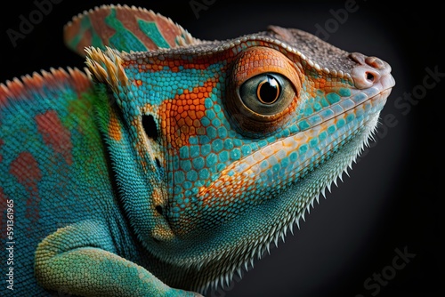 Colorful chameleon on a branch  a creative concept of adaptation and transformation. Generative AI